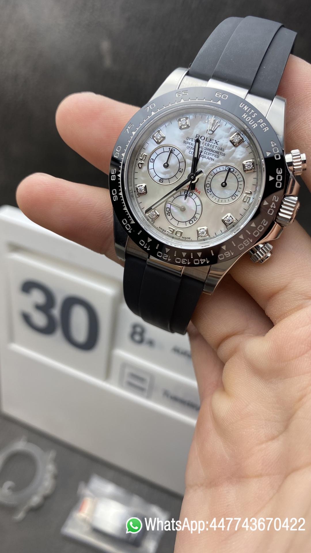 Victory Factory Watch Daytona 116519 Diamonds Markers on Mother of Pearl Dial 904L Stainless Steel Case Black Rubber Strap SA4130 Clean Factory Watch Daytona 116519 Diamonds Markers on Mother of Pearl Dial 904L Stainless Steel Case Black Rubber Strap SA4130