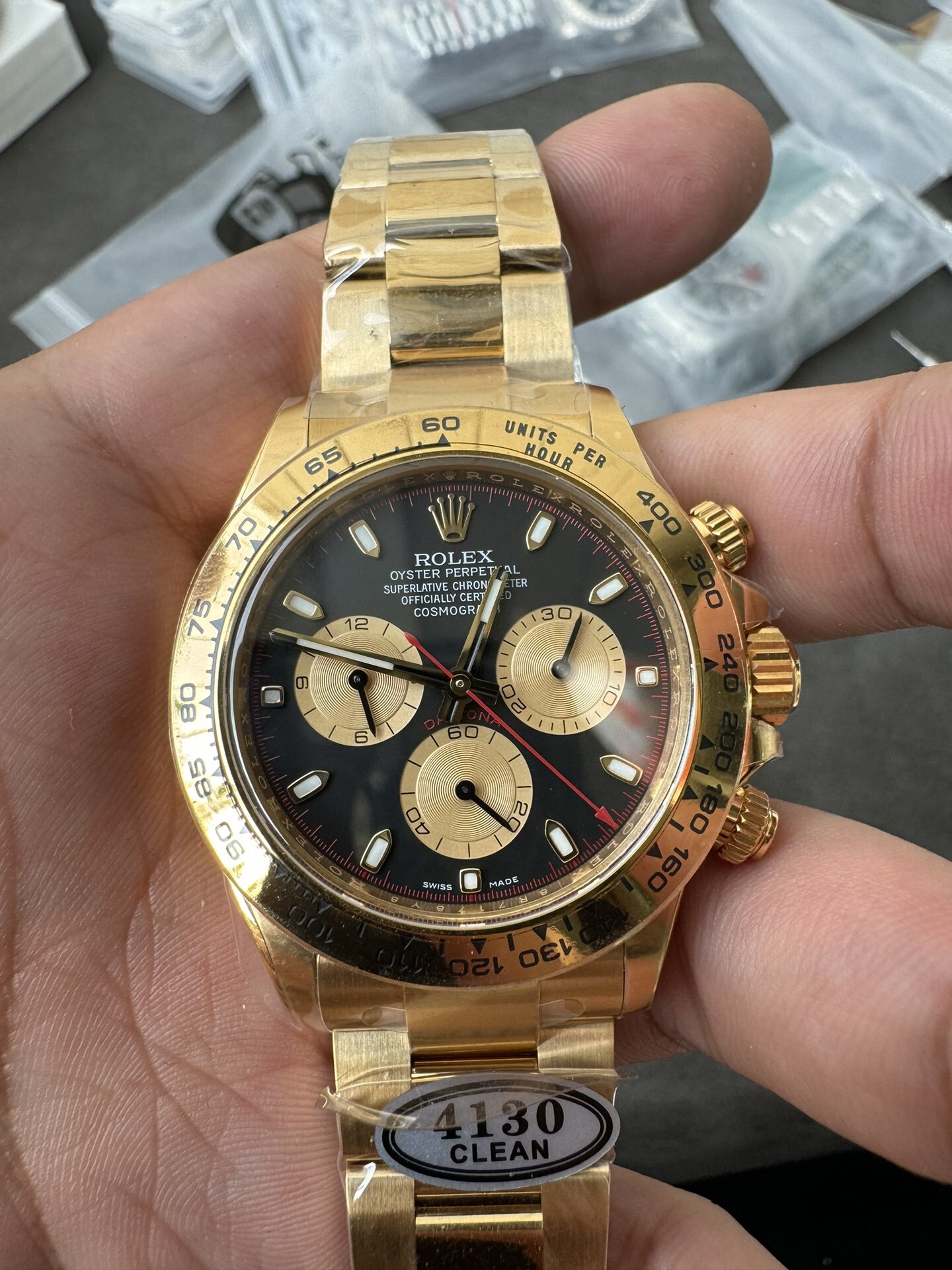 Victory Factory Daytona 116508 Yellow Gold Case Bracelet Black Dial with Yellow Sub Dial Red Chrono Second Hand DD4131 Movement 01 Clean Factory Daytona 116508 Yellow Gold Case Bracelet Black Dial with Yellow Sub Dial Red Chrono Second Hand DD4131 Movement 01