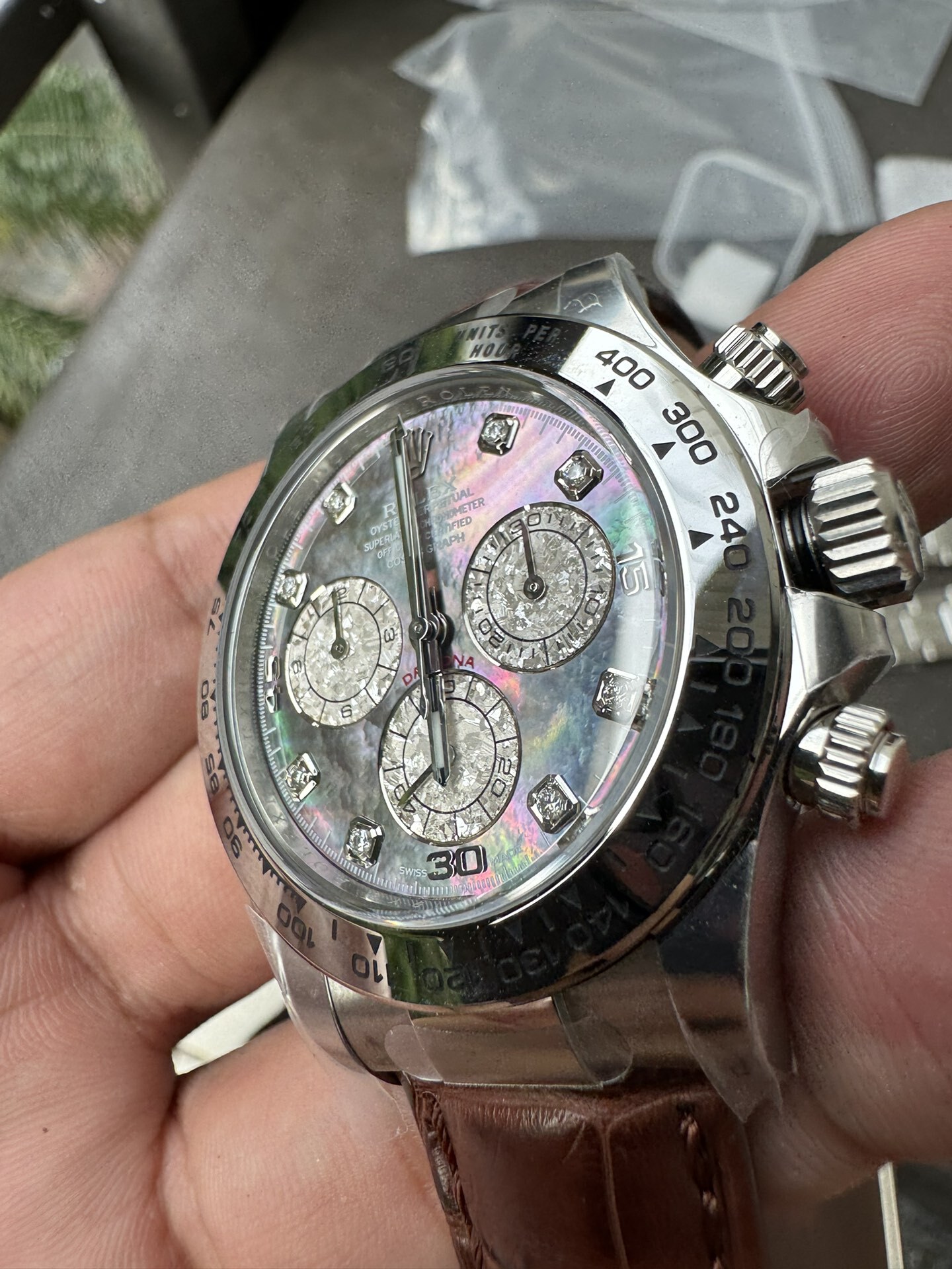 Victory Factory Daytona 116519 Tahitian MOP Dial with Diamonds Markers DD 4130 Movement Alligator Leather Strap 03 Clean Factory Daytona 116519 Tahitian MOP Dial with Diamonds Markers DD 4130 Movement Alligator Leather Strap 03