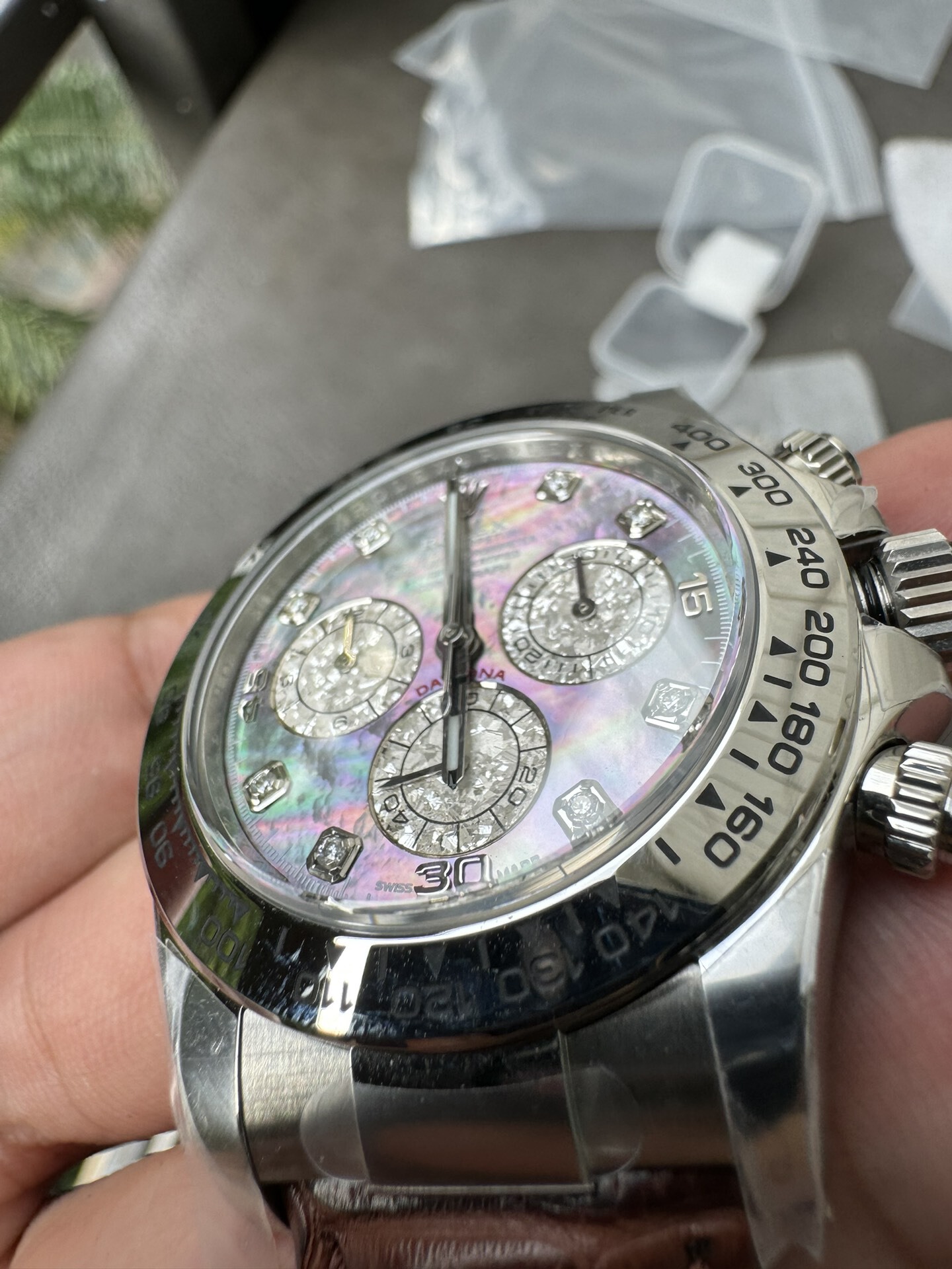 Victory Factory Daytona 116519 Tahitian MOP Dial with Diamonds Markers DD 4130 Movement Alligator Leather Strap 04 Clean Factory Daytona 116519 Tahitian MOP Dial with Diamonds Markers DD 4130 Movement Alligator Leather Strap 04