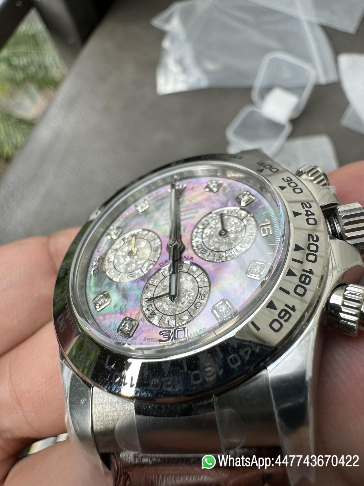 Victory Factory Daytona 116519 Tahitian MOP Dial with Diamonds Markers DD 4130 Movement Alligator Leather Strap 04 Clean Factory Daytona 116519 Tahitian MOP Dial with Diamonds Markers DD 4130 Movement Alligator Leather Strap 04
