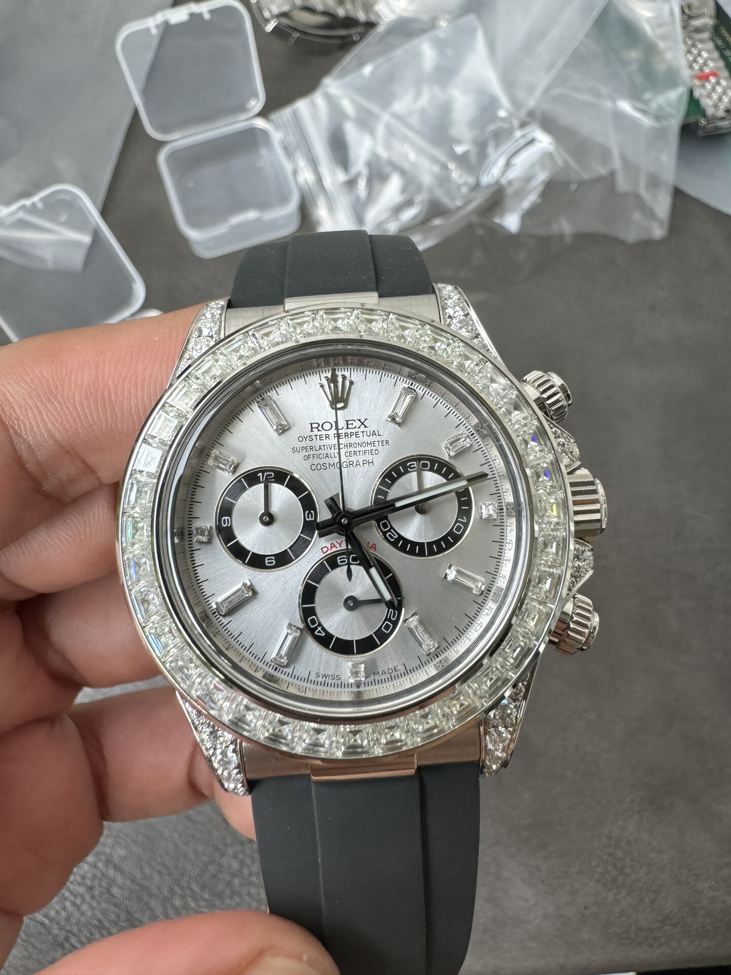 Victory Factory Rolex Daytona 126539TBR Diamonds Bezel Silver Dial with Diamonds Markers ShangHai 4131 Caliber 07 Clean Factory Rolex Daytona 126539TBR Diamonds Bezel Silver Dial with Diamonds Markers ShangHai 4131 Caliber 07
