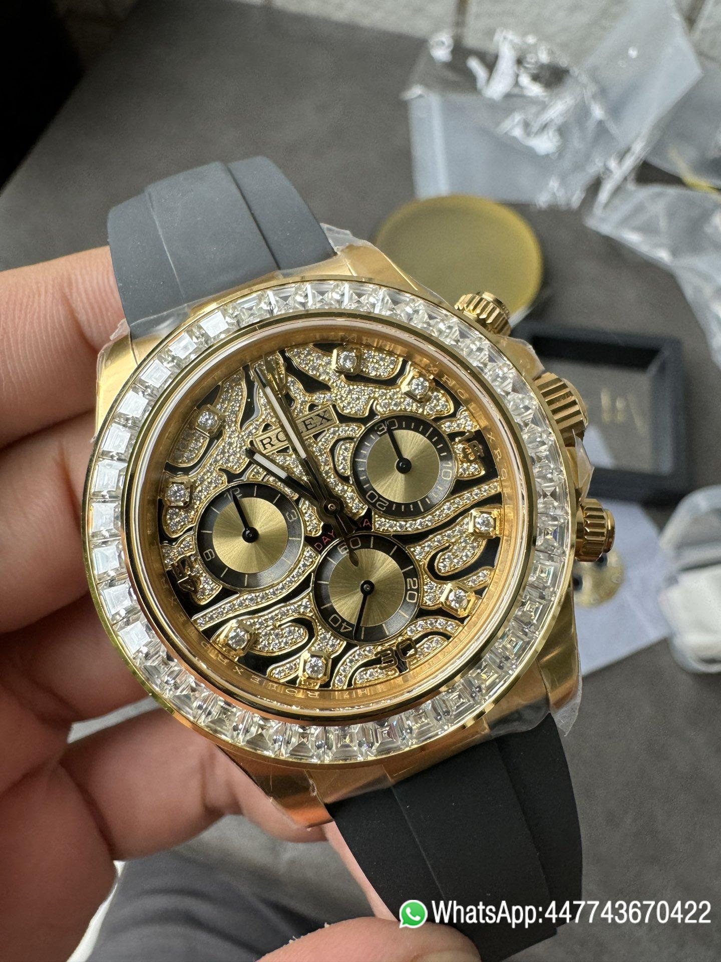 Victory Factory Rolex Daytona Eye Of The Tiger 116588TBR Wrapped 18K Yellow Gold Diamonds Dial Bezel DD4130 Movement 03 Clean Factory Rolex Daytona Eye Of The Tiger 116588TBR Wrapped 18K Yellow Gold Diamonds Dial Bezel DD4130 Movement 03
