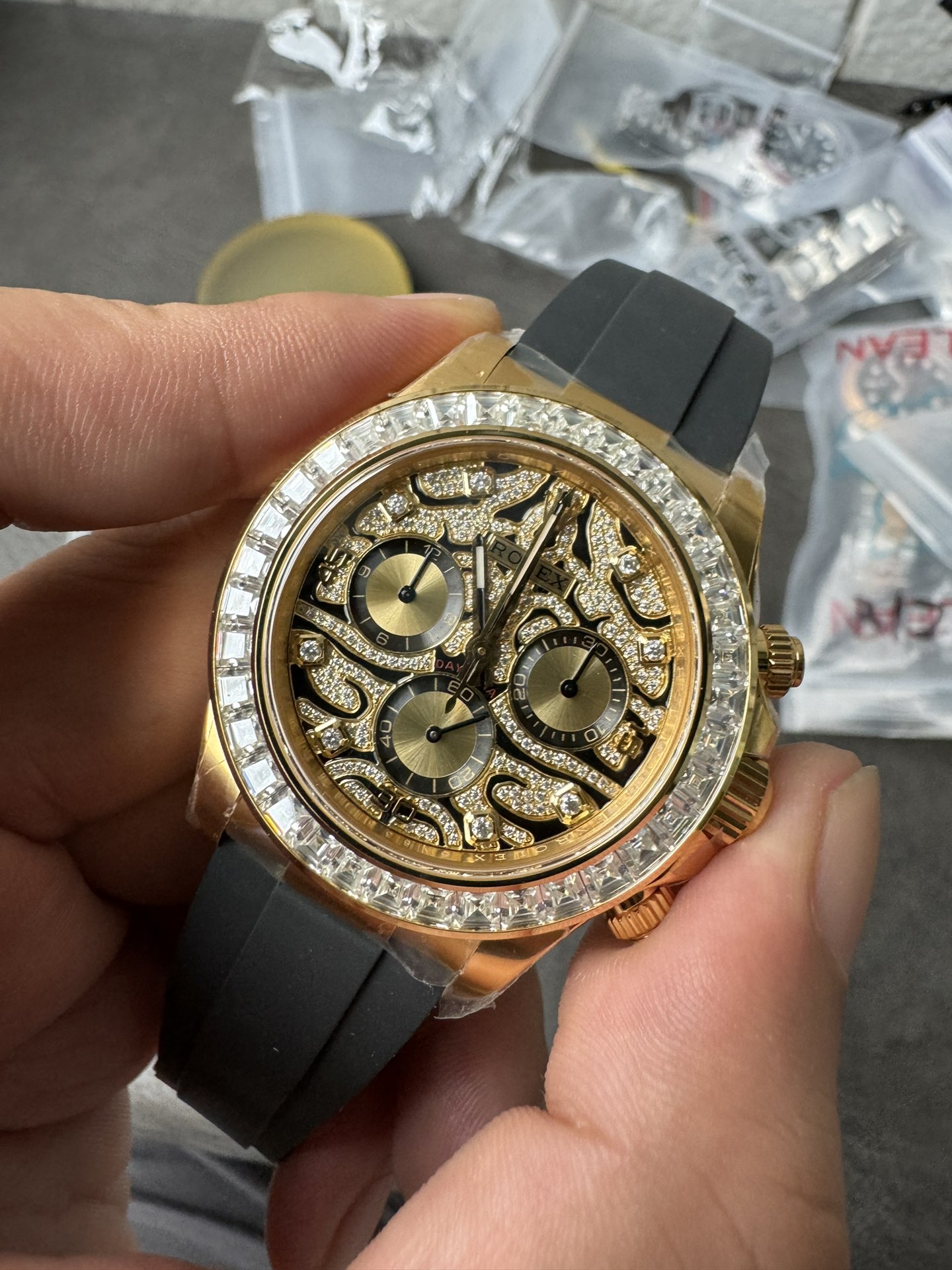 Victory Factory Rolex Daytona Eye Of The Tiger 116588TBR Wrapped 18K Yellow Gold Diamonds Dial Bezel DD4130 Movement 04 Clean Factory Rolex Daytona Eye Of The Tiger 116588TBR Wrapped 18K Yellow Gold Diamonds Dial Bezel DD4130 Movement 04