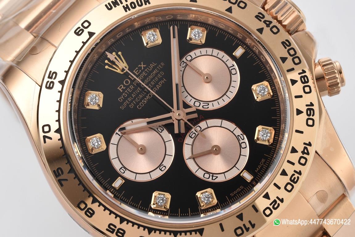 Victory Factory Daytona 126505 Rose Gold Case Bracelet Bright Black and Sundust Set with Diamonds Dial SH4131 Movement 03 Clean Factory Daytona 126505 Rose Gold Case Bracelet Bright Black and Sundust Set with Diamonds Dial SH4131 Movement 03