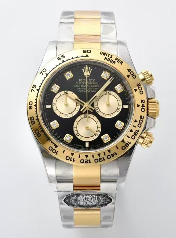 Victory Factory Daytona 126503 Black Dial with Diamonds Markers Gold Bezel Two Tone Oyster and Gold Bracelet SH4131 Movement 00 Clean Factory Daytona 126503 Black Dial with Diamonds Markers Gold Bezel Two Tone Oyster and Gold Bracelet SH4131 Movement 00