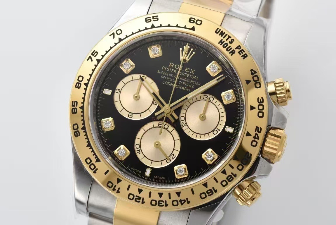 Victory Factory Daytona 126503 Black Dial with Diamonds Markers Gold Bezel Two Tone Oyster and Gold Bracelet SH4131 Movement 02 Clean Factory Daytona 126503 Black Dial with Diamonds Markers Gold Bezel Two Tone Oyster and Gold Bracelet SH4131 Movement 02