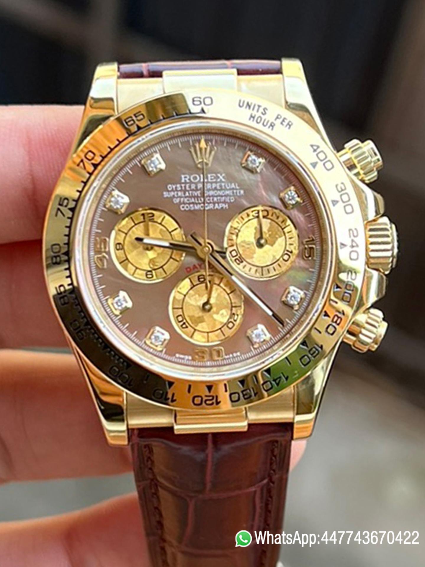 Victory Factory Daytona 116503 Black Mother of Pearl Dial Diamond Hour Markers Yellow Gold Bezel Alligator Strap DD4130 Caliber 00 Clean Factory Daytona 116503 Black Mother of Pearl Dial Diamond Hour Markers Yellow Gold Bezel Alligator Strap DD4130 Caliber 00