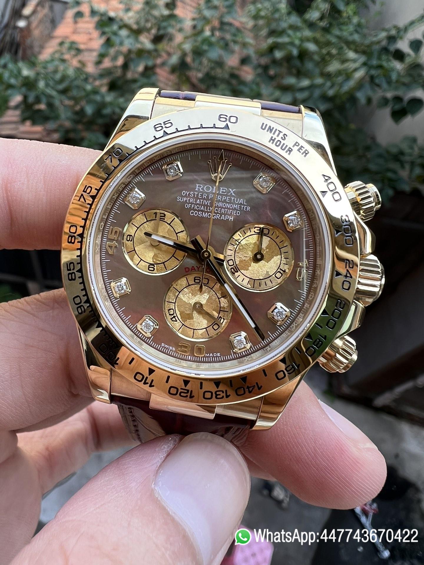 Victory Factory Daytona 116503 Black Mother of Pearl Dial Diamond Hour Markers Yellow Gold Bezel Alligator Strap DD4130 Caliber 01 Clean Factory Daytona 116503 Black Mother of Pearl Dial Diamond Hour Markers Yellow Gold Bezel Alligator Strap DD4130 Caliber 01