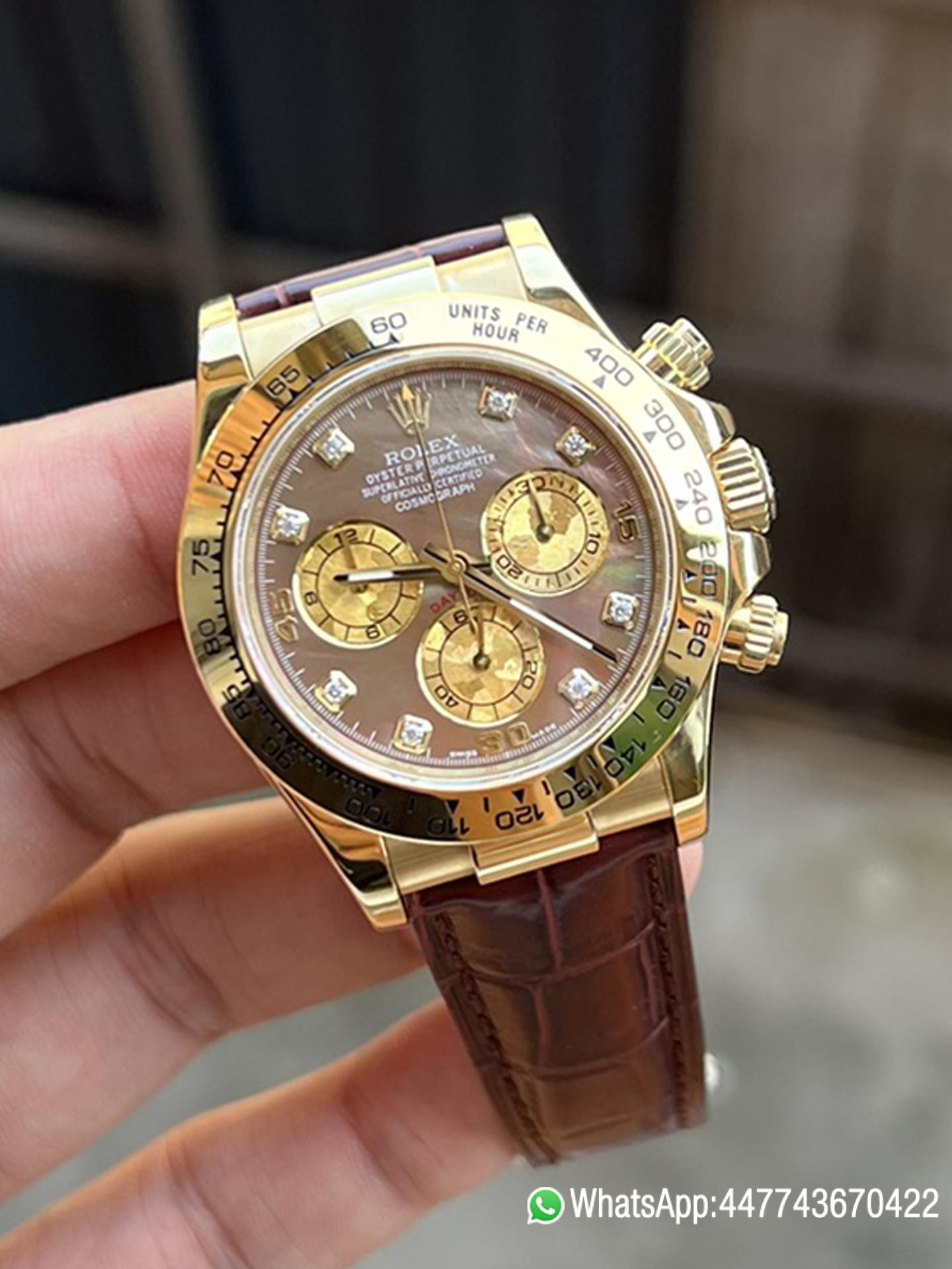 Victory Factory Daytona 116503 Black Mother of Pearl Dial Diamond Hour Markers Yellow Gold Bezel Alligator Strap DD4130 Caliber 03 1 Clean Factory Daytona 116503 Black Mother of Pearl Dial Diamond Hour Markers Yellow Gold Bezel Alligator Strap DD4130 Caliber 03 1