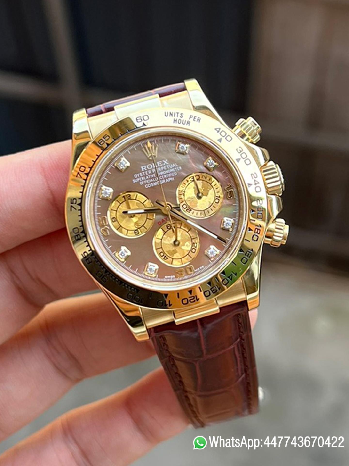Victory Factory Daytona 116503 Black Mother of Pearl Dial Diamond Hour Markers Yellow Gold Bezel Alligator Strap DD4130 Caliber 03 Clean Factory Daytona 116503 Black Mother of Pearl Dial Diamond Hour Markers Yellow Gold Bezel Alligator Strap DD4130 Caliber 03