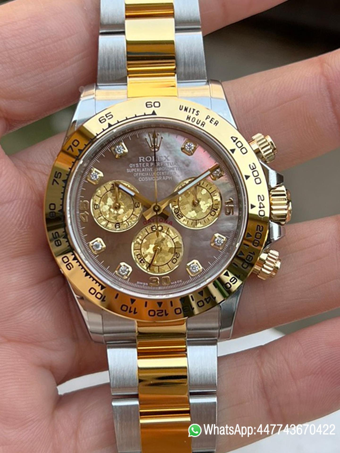 Victory Factory Daytona 116503 Black Mother of Pearl Dial Diamond Hour Markers Yellow Gold Bezel Two Tone Bracelet DD4130 Movement 00 Clean Factory Daytona 116503 Black Mother of Pearl Dial Diamond Hour Markers Yellow Gold Bezel Two Tone Bracelet DD4130 Movement 00