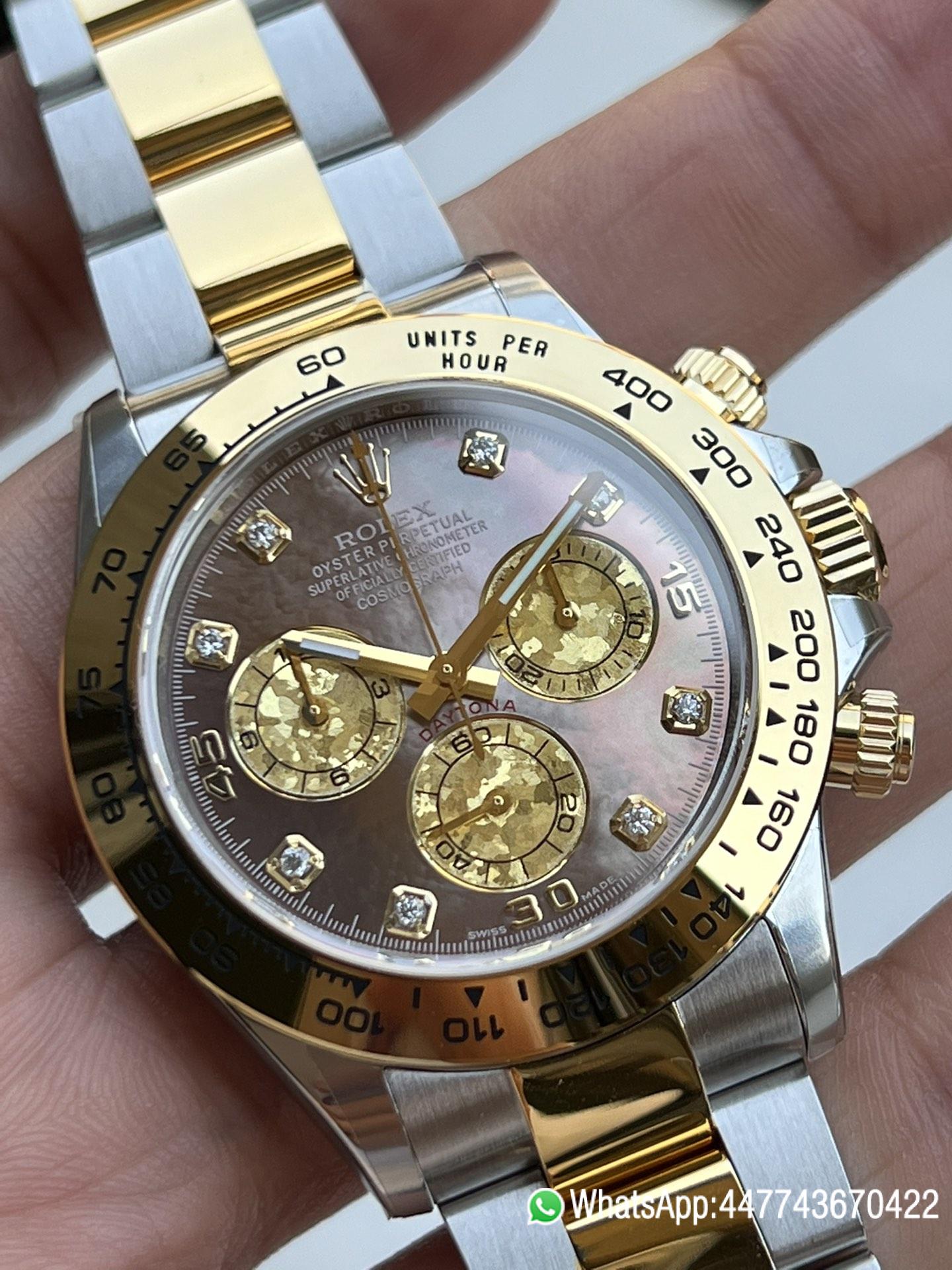 Victory Factory Daytona 116503 Black Mother of Pearl Dial Diamond Hour Markers Yellow Gold Bezel Two Tone Bracelet DD4130 Movement 01 Clean Factory Daytona 116503 Black Mother of Pearl Dial Diamond Hour Markers Yellow Gold Bezel Two Tone Bracelet DD4130 Movement 01