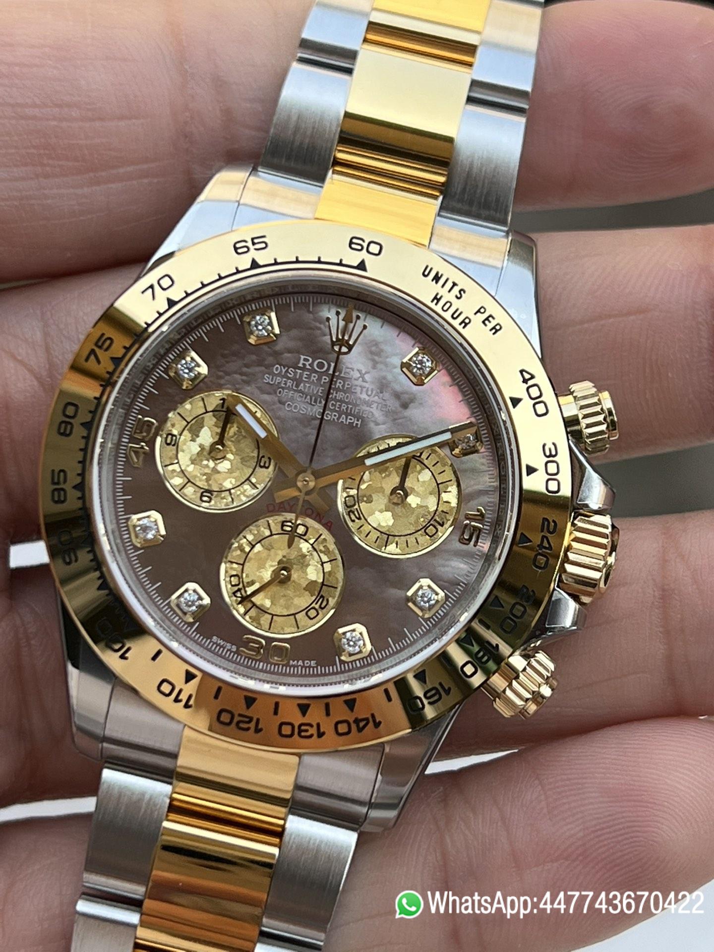 Victory Factory Daytona 116503 Black Mother of Pearl Dial Diamond Hour Markers Yellow Gold Bezel Two Tone Bracelet DD4130 Movement 03 Clean Factory Daytona 116503 Black Mother of Pearl Dial Diamond Hour Markers Yellow Gold Bezel Two Tone Bracelet DD4130 Movement 03