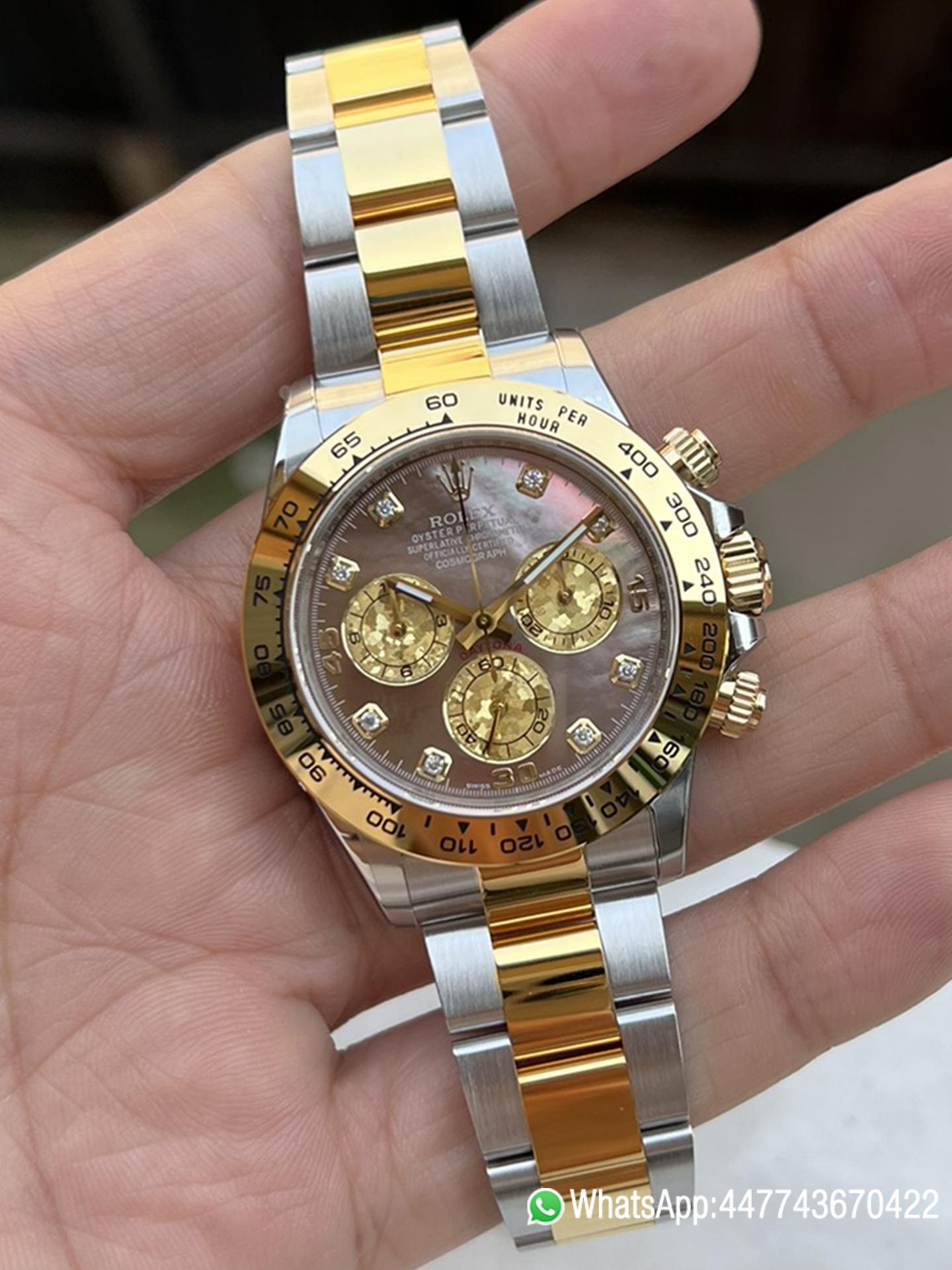 Victory Factory Daytona 116503 Black Mother of Pearl Dial Diamond Hour Markers Yellow Gold Bezel Two Tone Bracelet DD4130 Movement 04 Clean Factory Daytona 116503 Black Mother of Pearl Dial Diamond Hour Markers Yellow Gold Bezel Two Tone Bracelet DD4130 Movement 04