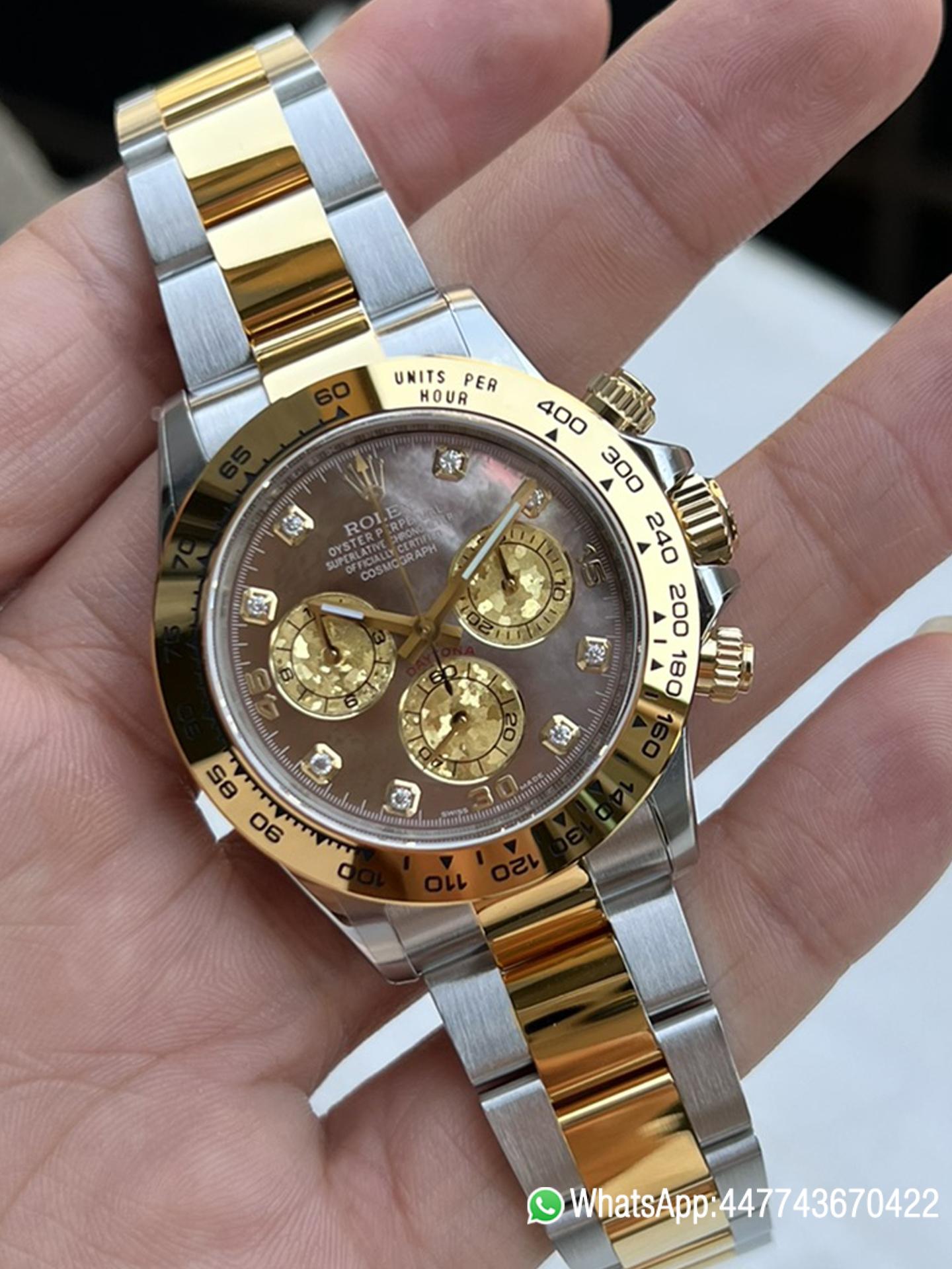 Victory Factory Daytona 116503 Black Mother of Pearl Dial Diamond Hour Markers Yellow Gold Bezel Two Tone Bracelet DD4130 Movement 05 Clean Factory Daytona 116503 Black Mother of Pearl Dial Diamond Hour Markers Yellow Gold Bezel Two Tone Bracelet DD4130 Movement 05