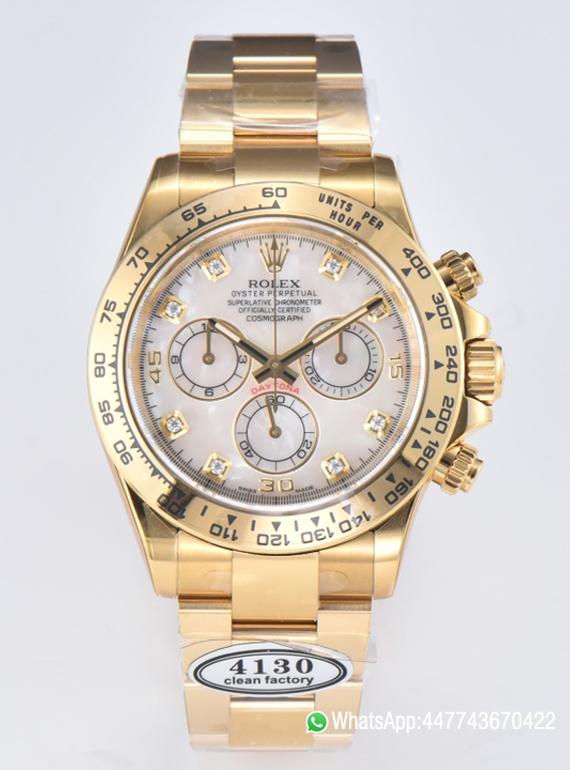 Victory Factory Daytona 116508 White Mother of Pearl Dial Yellow Gold Bezel Yellow Gold Bracelet DD4130 Movement 00 Clean Factory Daytona 116508 White Mother of Pearl Dial Yellow Gold Bezel Yellow Gold Bracelet DD4130 Movement 00