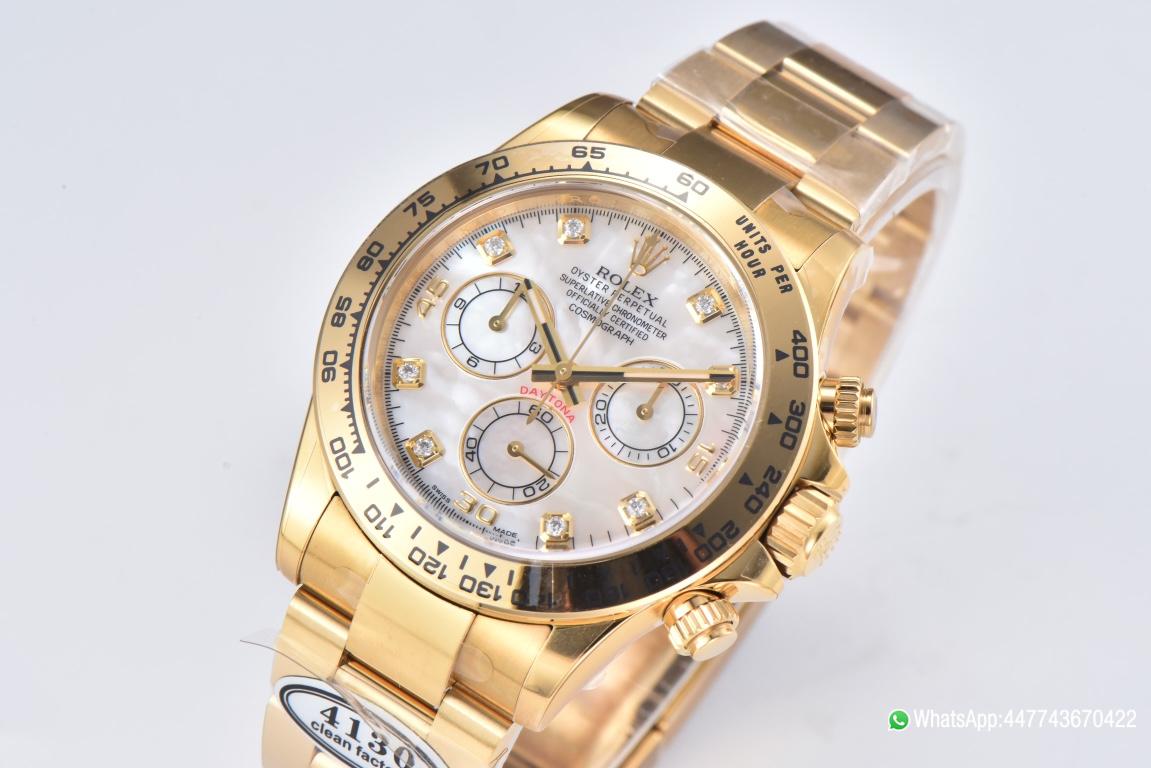 Victory Factory Daytona 116508 White Mother of Pearl Dial Yellow Gold Bezel Yellow Gold Bracelet DD4130 Movement 03 Clean Factory Daytona 116508 White Mother of Pearl Dial Yellow Gold Bezel Yellow Gold Bracelet DD4130 Movement 03