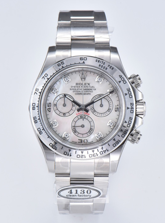 Victory Factory Daytona 116509 White Mother of Pearl Dial Diamond Hour Markers Oystersteel Case Bracelet DD4130 Movement 00 Clean Factory Daytona 116509 White Mother of Pearl Dial Diamond Hour Markers Oystersteel Case Bracelet DD4130 Movement 00