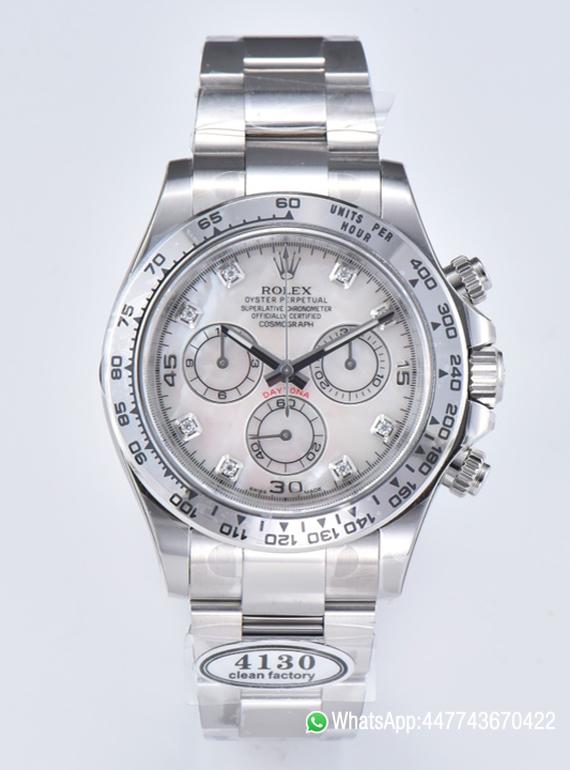 Victory Factory Daytona 116509 White Mother of Pearl Dial Diamond Hour Markers Oystersteel Case Bracelet DD4130 Movement 00 Clean Factory Daytona 116509 White Mother of Pearl Dial Diamond Hour Markers Oystersteel Case Bracelet DD4130 Movement 00