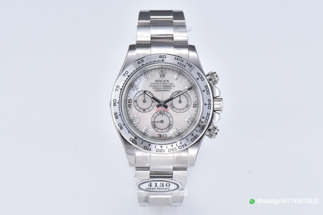 Victory Factory Daytona 116509 White Mother of Pearl Dial Diamond Hour Markers Oystersteel Case Bracelet DD4130 Movement 01 Clean Factory Daytona 116509 White Mother of Pearl Dial Diamond Hour Markers Oystersteel Case Bracelet DD4130 Movement 01