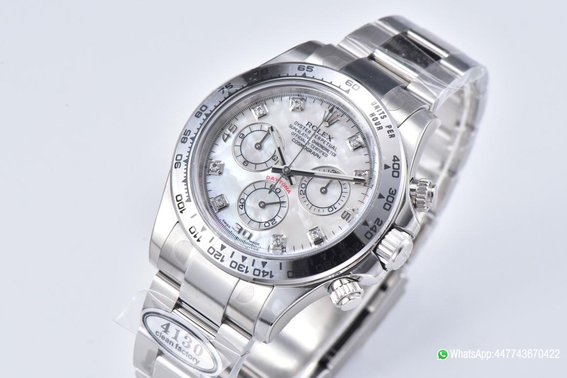 Victory Factory Daytona 116509 White Mother of Pearl Dial Diamond Hour Markers Oystersteel Case Bracelet DD4130 Movement 02 Clean Factory Daytona 116509 White Mother of Pearl Dial Diamond Hour Markers Oystersteel Case Bracelet DD4130 Movement 02