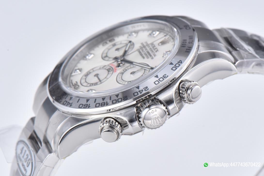 Victory Factory Daytona 116509 White Mother of Pearl Dial Diamond Hour Markers Oystersteel Case Bracelet DD4130 Movement 03 Clean Factory Daytona 116509 White Mother of Pearl Dial Diamond Hour Markers Oystersteel Case Bracelet DD4130 Movement 03
