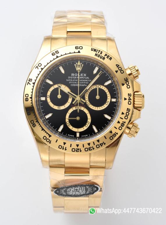 Victory Factory Daytona 126508 Black Dial with Gold Counter Ring Luminous Hour Markers 18K Yellow Gold Plated Band 4131 Movement 00 Clean Factory Daytona 126508 Black Dial with Gold Counter Ring Luminous Hour Markers 18K Yellow Gold Plated Band 4131 Movement 00