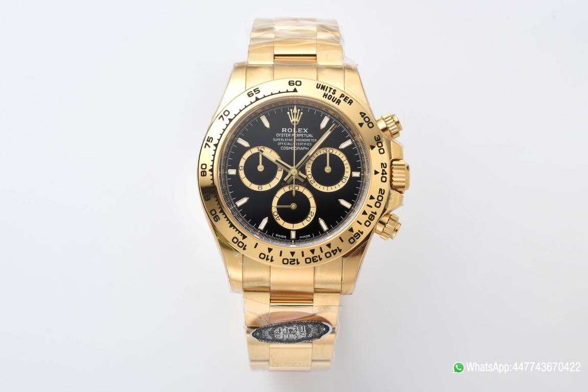 Victory Factory Daytona 126508 Black Dial with Gold Counter Ring Luminous Hour Markers 18K Yellow Gold Plated Band 4131 Movement 01 Clean Factory Daytona 126508 Black Dial with Gold Counter Ring Luminous Hour Markers 18K Yellow Gold Plated Band 4131 Movement 01