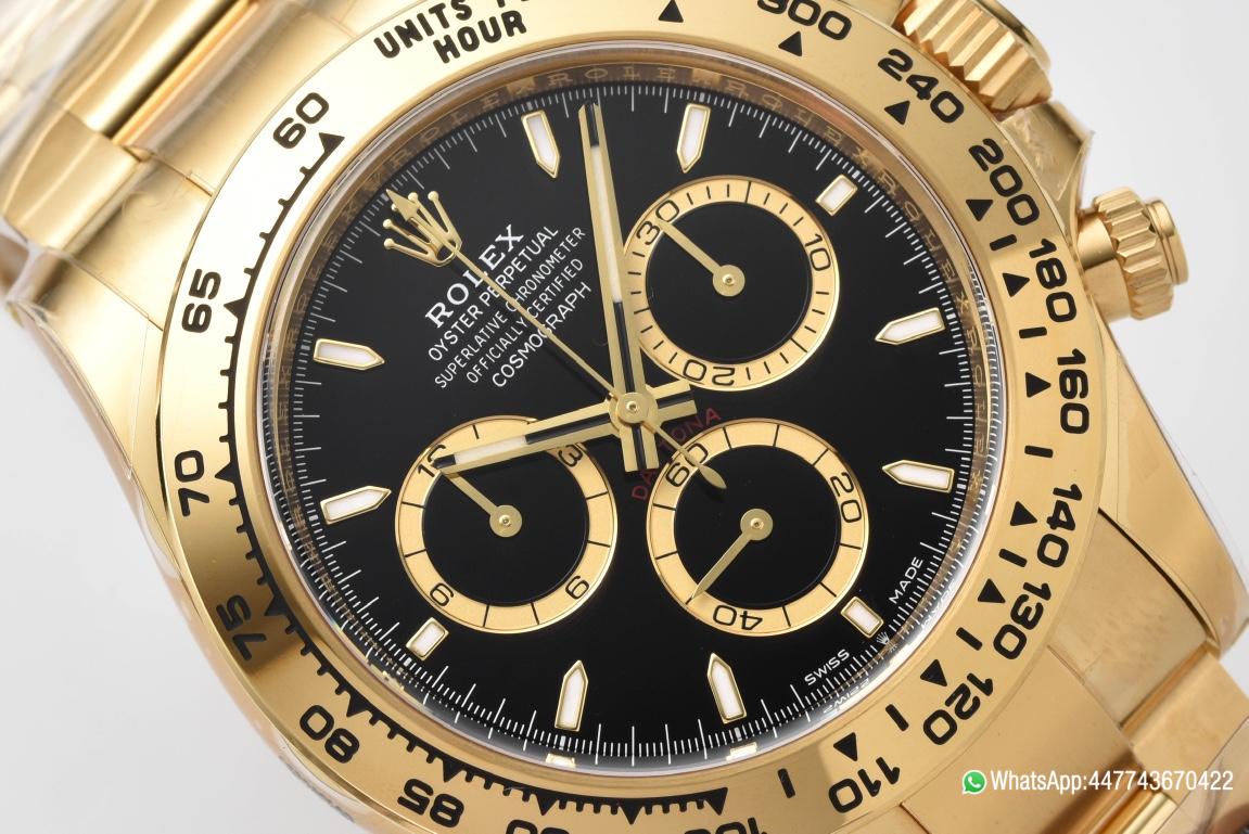 Victory Factory Daytona 126508 Black Dial with Gold Counter Ring Luminous Hour Markers 18K Yellow Gold Plated Band 4131 Movement 03 Clean Factory Daytona 126508 Black Dial with Gold Counter Ring Luminous Hour Markers 18K Yellow Gold Plated Band 4131 Movement 03