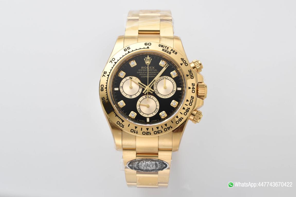 Victory Factory Daytona 126508 Black Dial with Yellow Gold Counter Dial Diamonds Hour Markers 18K Yellow Gold Plated Band 4131 Movement 01 Clean Factory Daytona 126508 Black Dial with Yellow Gold Counter Dial Diamonds Hour Markers 18K Yellow Gold Plated Band 4131 Movement 01