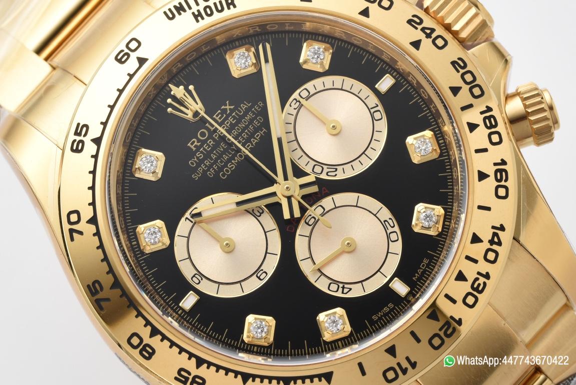 Victory Factory Daytona 126508 Black Dial with Yellow Gold Counter Dial Diamonds Hour Markers 18K Yellow Gold Plated Band 4131 Movement 02 Clean Factory Daytona 126508 Black Dial with Yellow Gold Counter Dial Diamonds Hour Markers 18K Yellow Gold Plated Band 4131 Movement 02