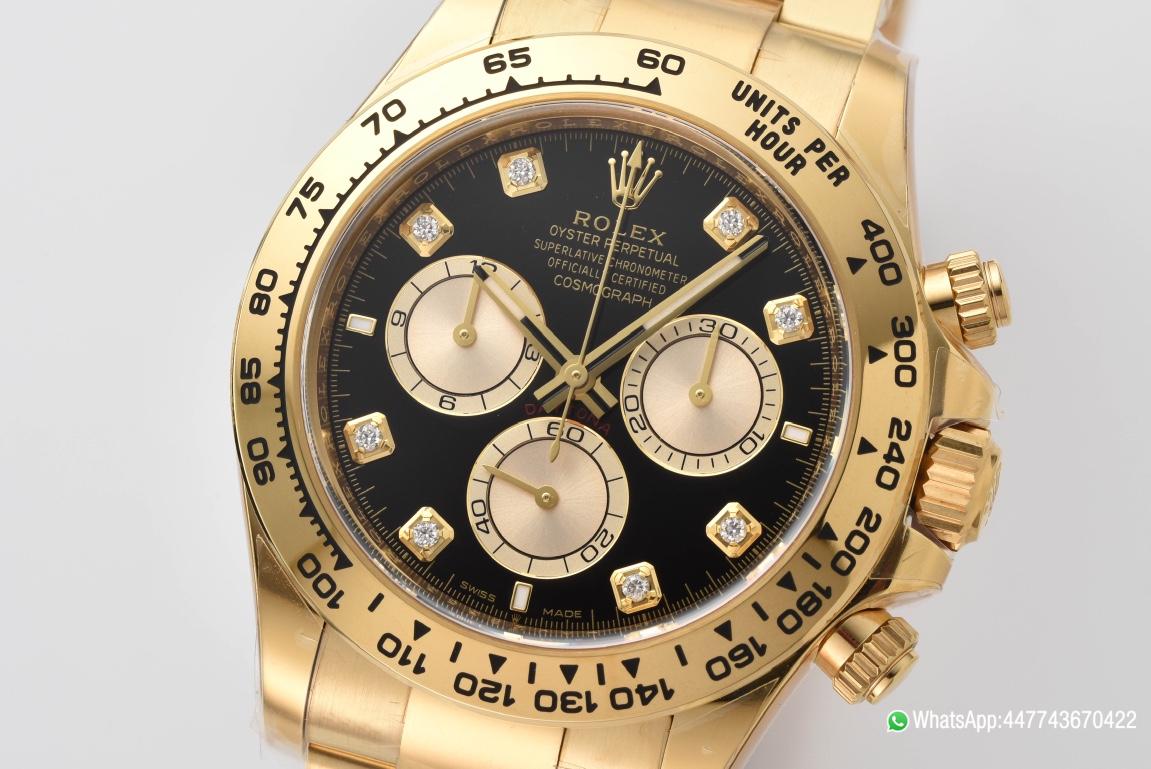 Victory Factory Daytona 126508 Black Dial with Yellow Gold Counter Dial Diamonds Hour Markers 18K Yellow Gold Plated Band 4131 Movement 03 Clean Factory Daytona 126508 Black Dial with Yellow Gold Counter Dial Diamonds Hour Markers 18K Yellow Gold Plated Band 4131 Movement 03