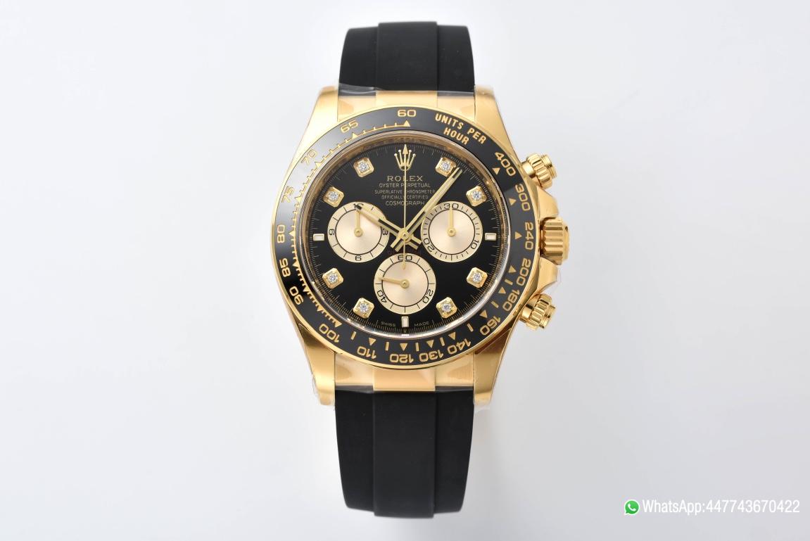 Victory Factory Daytona M126518LN 0006 Yellow Gold Case Black Dial Diamond Hour Markers Gold Counter Rings Oysterflex Strap 4131 Movement 01 Clean Factory Daytona M126518LN 0006 Yellow Gold Case Black Dial Diamond Hour Markers Gold Counter Rings Oysterflex Strap 4131 Movement 01