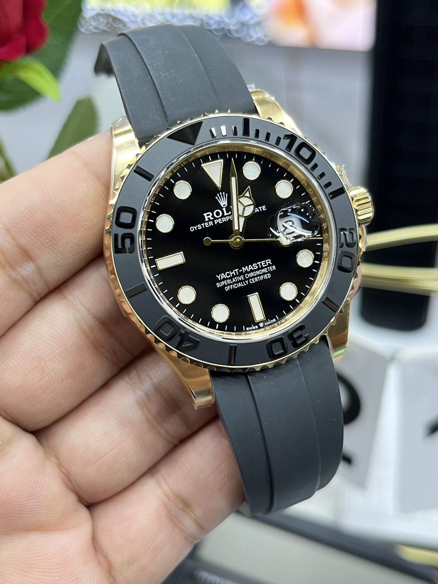 Clean Factory Yacht Master 42mm 226658 Yellow Gold Case 3D Black Ceramic Bezel Oysterflex Strap SuerClone 3235 Movement 04