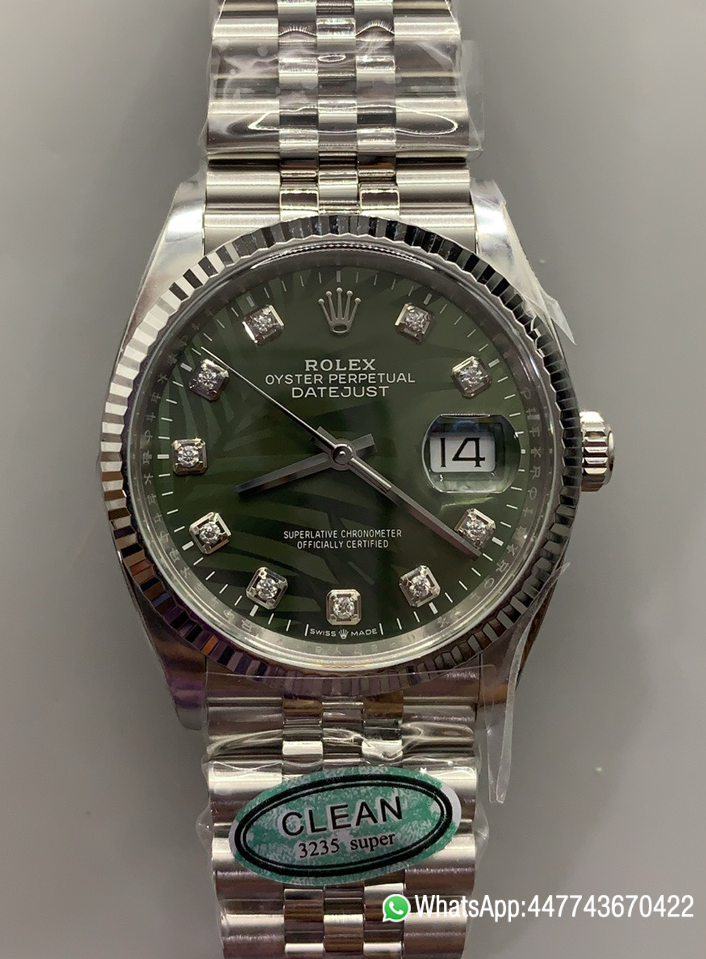 Victory Factory DateJust 36mm 126234 Green Palm motif Dial with Diamond Hors Markers 904L Steel on Jubilee Bracelet SH3235 Movement 00 Clean Factory DateJust 36mm 126234 Green Palm motif Dial with Diamond Hors Markers 904L Steel on Jubilee Bracelet SH3235 Movement 00