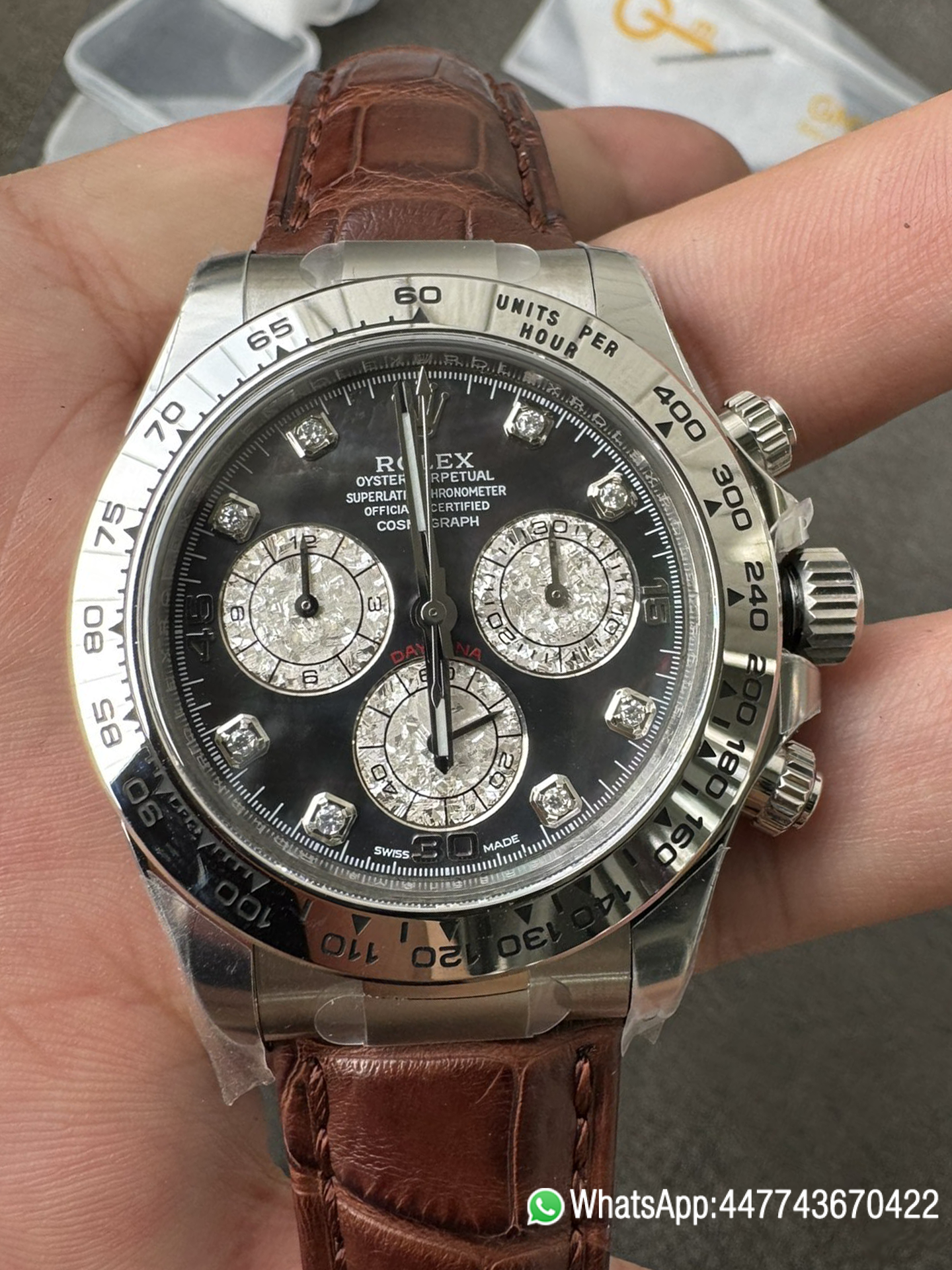 Victory Factory Daytona 116519 Tahitian MOP Dial with Diamonds Markers DD 4130 Movement Alligator Leather Strap 000 Clean Factory Daytona 116519 Tahitian MOP Dial with Diamonds Markers DD 4130 Movement Alligator Leather Strap 000