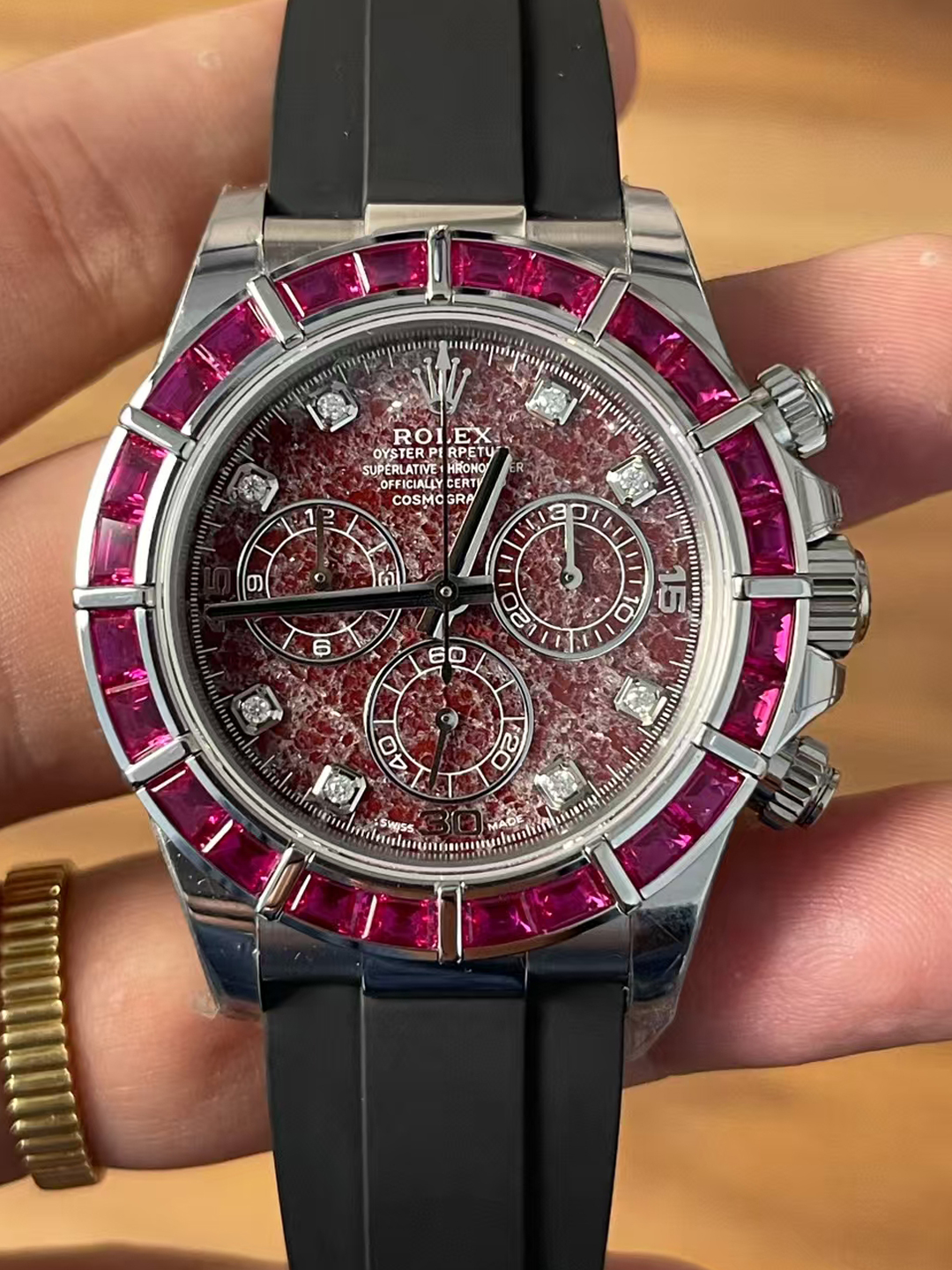 Premium Customized Daytona 116519 Red Garnet Dial and Bezel Diamonds Indexes Based on Victory Factory Daytona DD4130 Movement Oysterflex Strap 00 Premium Customized Daytona 116519 Red Garnet Dial and Bezel Diamonds Indexes Based on Clean Factory Daytona DD4130 Movement Oysterflex Strap 00