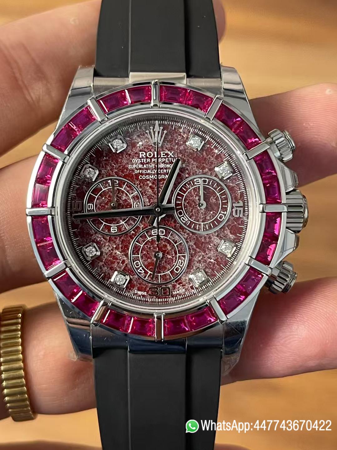 Premium Customized Daytona 116519 Red Garnet Dial and Bezel Diamonds Indexes Based on Victory Factory Daytona DD4130 Movement Oysterflex Strap 00 Premium Customized Daytona 116519 Red Garnet Dial and Bezel Diamonds Indexes Based on Clean Factory Daytona DD4130 Movement Oysterflex Strap 00