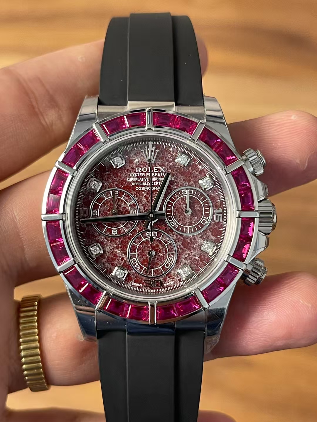 Premium Customized Daytona 116519 Red Garnet Dial and Bezel Diamonds Indexes Based on Victory Factory Daytona DD4130 Movement Oysterflex Strap 01 Premium Customized Daytona 116519 Red Garnet Dial and Bezel Diamonds Indexes Based on Clean Factory Daytona DD4130 Movement Oysterflex Strap 01