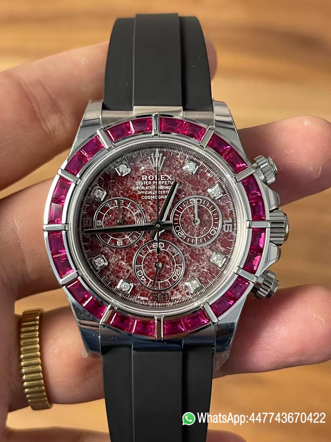Premium Customized Daytona 116519 Red Garnet Dial and Bezel Diamonds Indexes Based on Victory Factory Daytona DD4130 Movement Oysterflex Strap 01 Premium Customized Daytona 116519 Red Garnet Dial and Bezel Diamonds Indexes Based on Clean Factory Daytona DD4130 Movement Oysterflex Strap 01