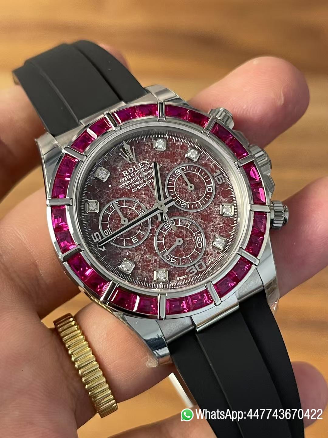 Premium Customized Daytona 116519 Red Garnet Dial and Bezel Diamonds Indexes Based on Victory Factory Daytona DD4130 Movement Oysterflex Strap 02 Premium Customized Daytona 116519 Red Garnet Dial and Bezel Diamonds Indexes Based on Clean Factory Daytona DD4130 Movement Oysterflex Strap 02