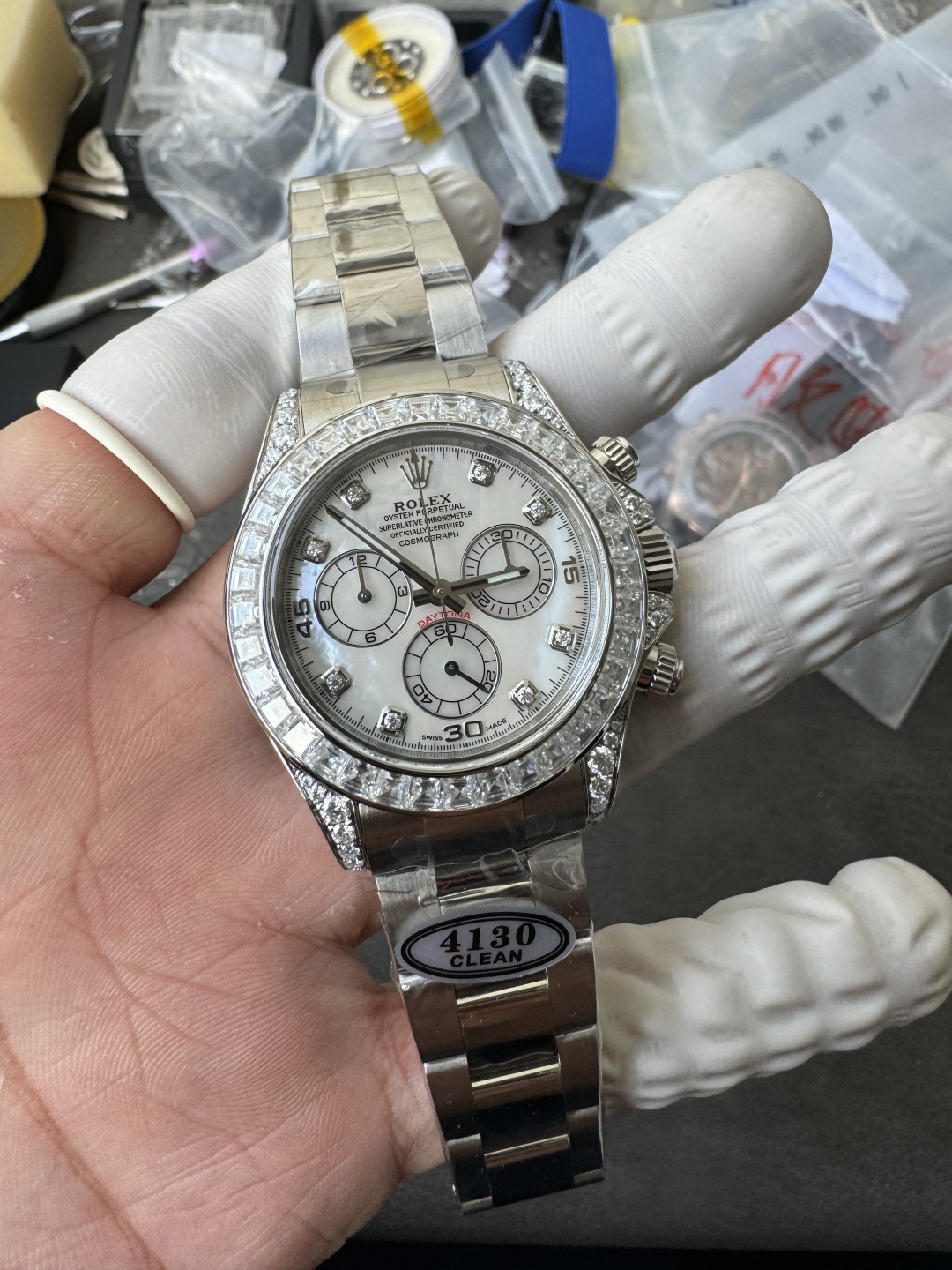 Premium Customized Daytona 116589 MOP Dial Diamonds Hour Markers Diamonds Case and Bezel Based on Victory Factory DD4130 Movement 01 Premium Customized Daytona 116589 MOP Dial Diamonds Hour Markers Diamonds Case and Bezel Based on Clean Factory DD4130 Movement 01