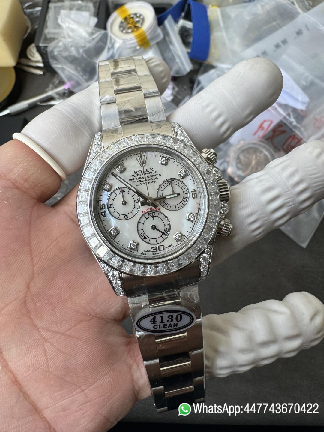 Premium Customized Daytona 116589 MOP Dial Diamonds Hour Markers Diamonds Case and Bezel Based on Victory Factory DD4130 Movement 01 Premium Customized Daytona 116589 MOP Dial Diamonds Hour Markers Diamonds Case and Bezel Based on Clean Factory DD4130 Movement 01