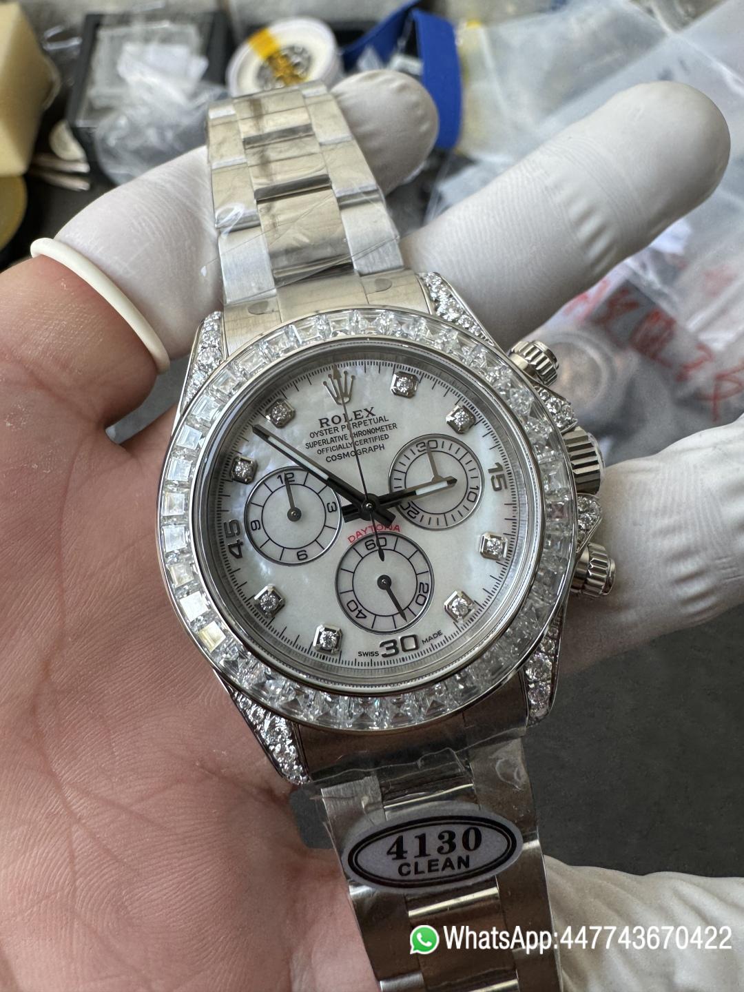 Premium Customized Daytona 116589 MOP Dial Diamonds Hour Markers Diamonds Case and Bezel Based on Victory Factory DD4130 Movement 02 Premium Customized Daytona 116589 MOP Dial Diamonds Hour Markers Diamonds Case and Bezel Based on Clean Factory DD4130 Movement 02
