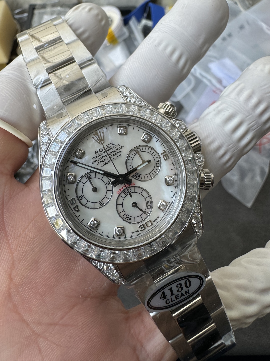 Premium Customized Daytona 116589 MOP Dial Diamonds Hour Markers Diamonds Case and Bezel Based on Victory Factory DD4130 Movement 03 Premium Customized Daytona 116589 MOP Dial Diamonds Hour Markers Diamonds Case and Bezel Based on Clean Factory DD4130 Movement 03