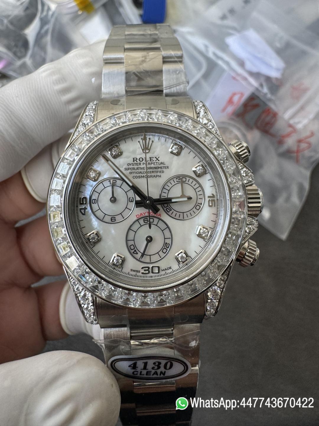 Premium Customized Daytona 116589 MOP Dial Diamonds Hour Markers Diamonds Case and Bezel Based on Victory Factory DD4130 Movement 04 Premium Customized Daytona 116589 MOP Dial Diamonds Hour Markers Diamonds Case and Bezel Based on Clean Factory DD4130 Movement 04
