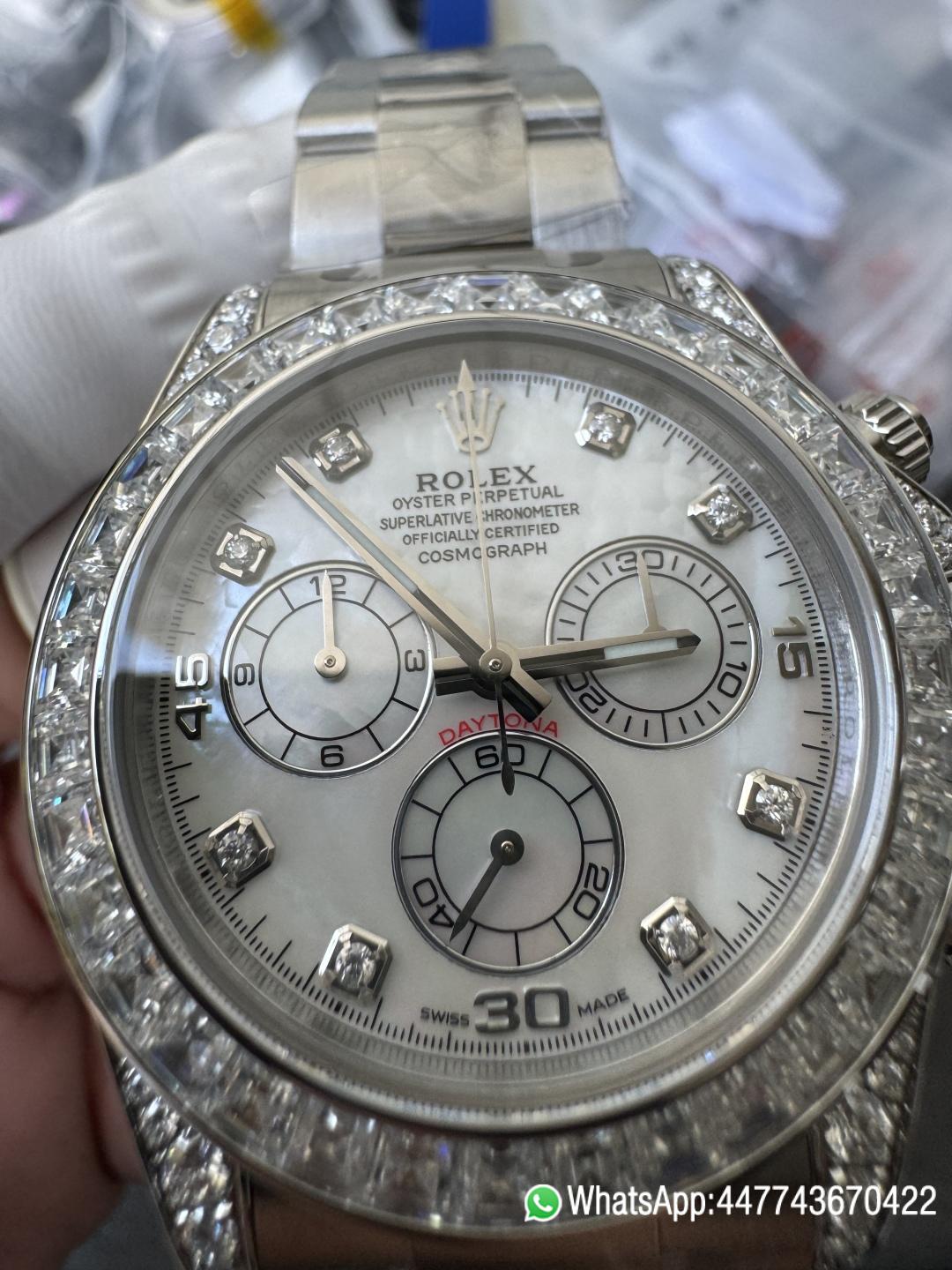 Premium Customized Daytona 116589 MOP Dial Diamonds Hour Markers Diamonds Case and Bezel Based on Victory Factory DD4130 Movement 05 Premium Customized Daytona 116589 MOP Dial Diamonds Hour Markers Diamonds Case and Bezel Based on Clean Factory DD4130 Movement 05