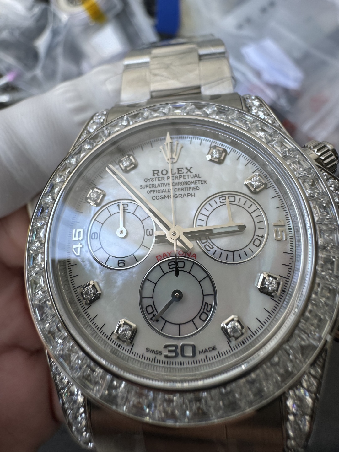 Premium Customized Daytona 116589 MOP Dial Diamonds Hour Markers Diamonds Case and Bezel Based on Victory Factory DD4130 Movement 06 Premium Customized Daytona 116589 MOP Dial Diamonds Hour Markers Diamonds Case and Bezel Based on Clean Factory DD4130 Movement 06