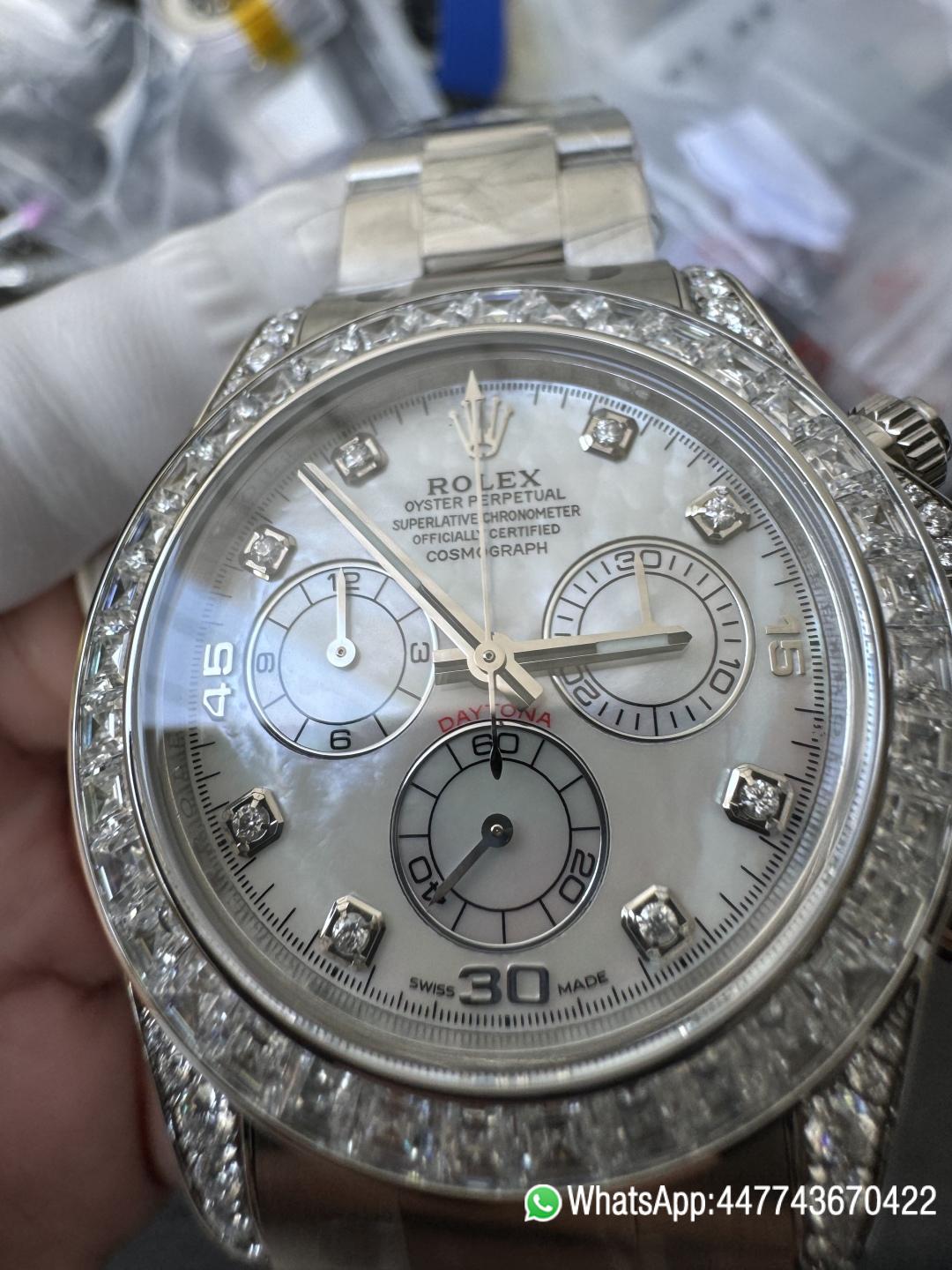 Premium Customized Daytona 116589 MOP Dial Diamonds Hour Markers Diamonds Case and Bezel Based on Victory Factory DD4130 Movement 06 Premium Customized Daytona 116589 MOP Dial Diamonds Hour Markers Diamonds Case and Bezel Based on Clean Factory DD4130 Movement 06